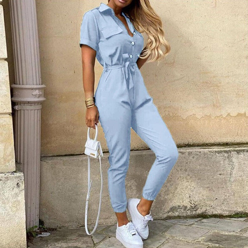 Calloway | Women's Striped Collared Short Sleeve Jumpsuit