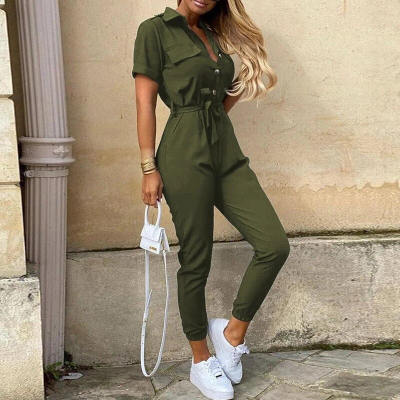 Calloway | Women's Striped Collared Short Sleeve Jumpsuit