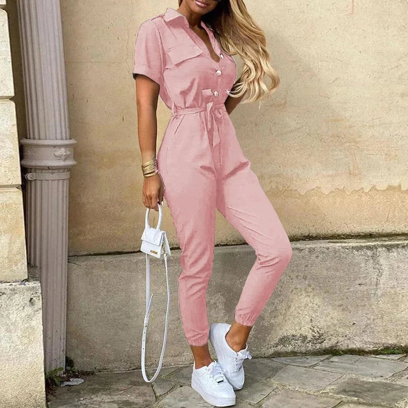Calloway | Women's Striped Collared Short Sleeve Jumpsuit