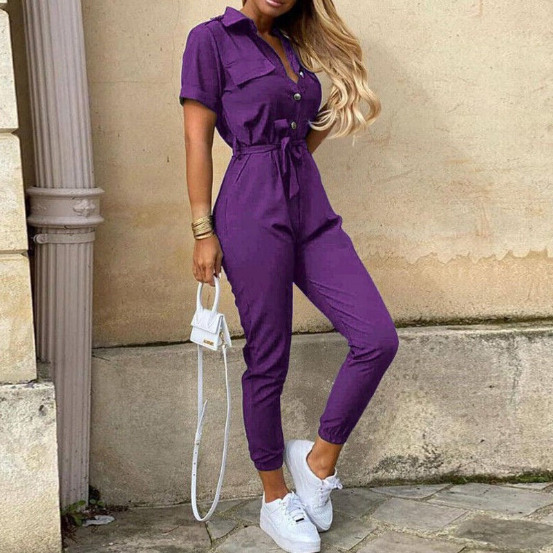 Calloway | Women's Striped Collared Short Sleeve Jumpsuit