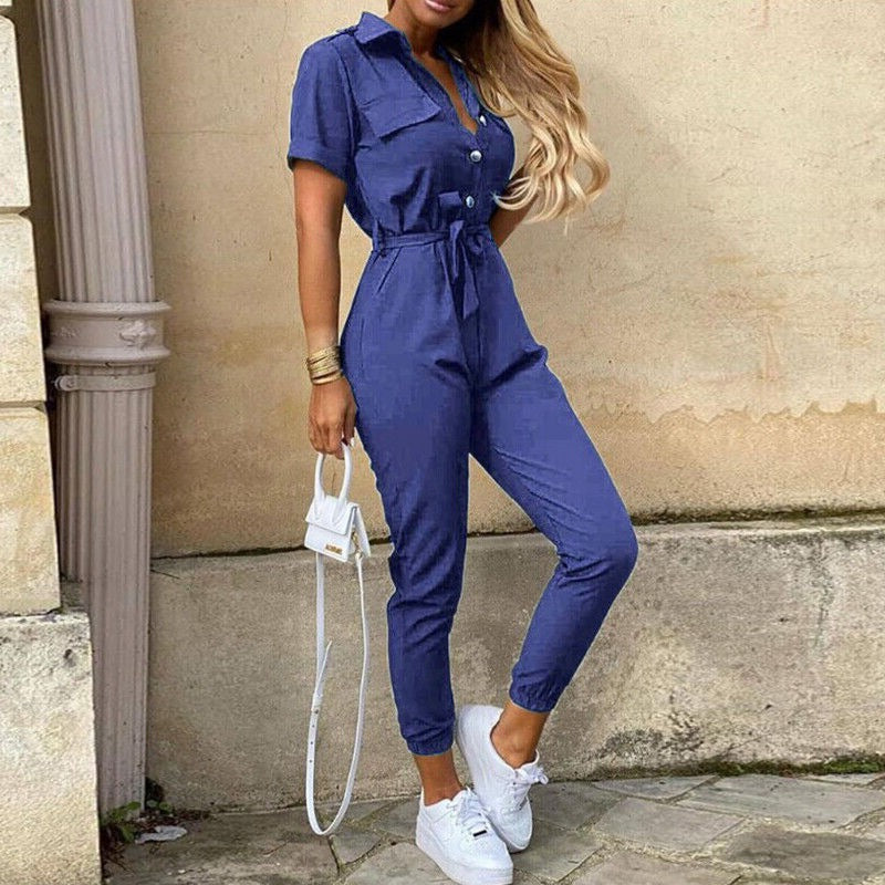 Calloway | Women's Striped Collared Short Sleeve Jumpsuit