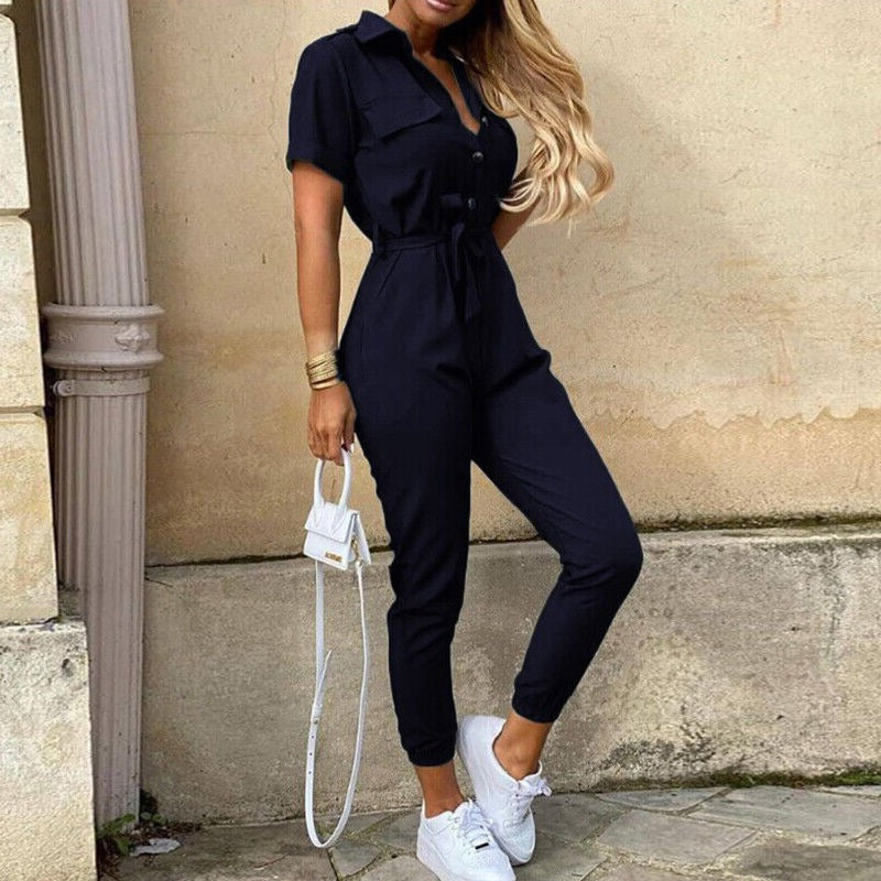 Calloway | Women's Striped Collared Short Sleeve Jumpsuit