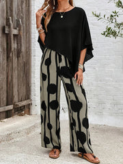 Sage | Women's 2 Piece Set Batwing Top and Wide Leg Print Pants
