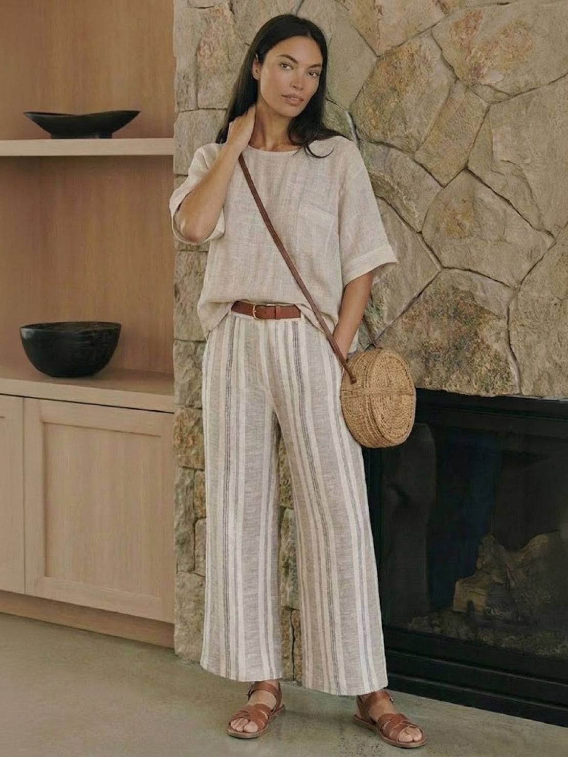 Paloma | Women's Casual Striped Wide-Leg Pants and Tee Two-Piece Set
