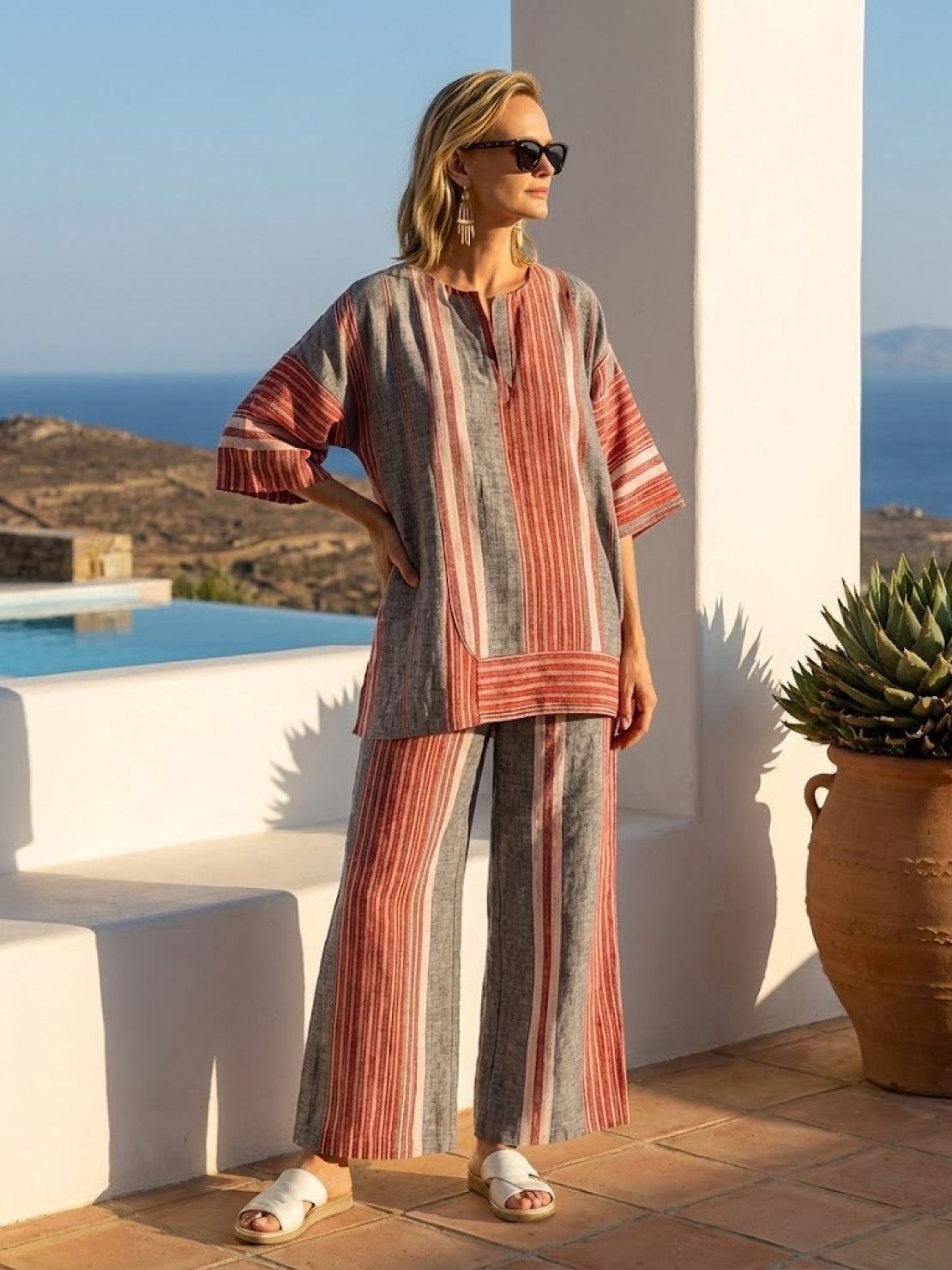 Paloma | Women's Casual Striped Wide-Leg Pants and Tee Two-Piece Set