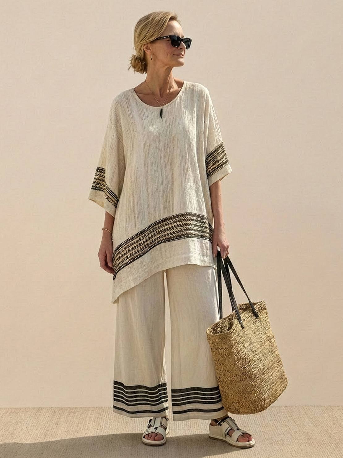 Paloma | Women's Casual Striped Wide-Leg Pants and Tee Two-Piece Set