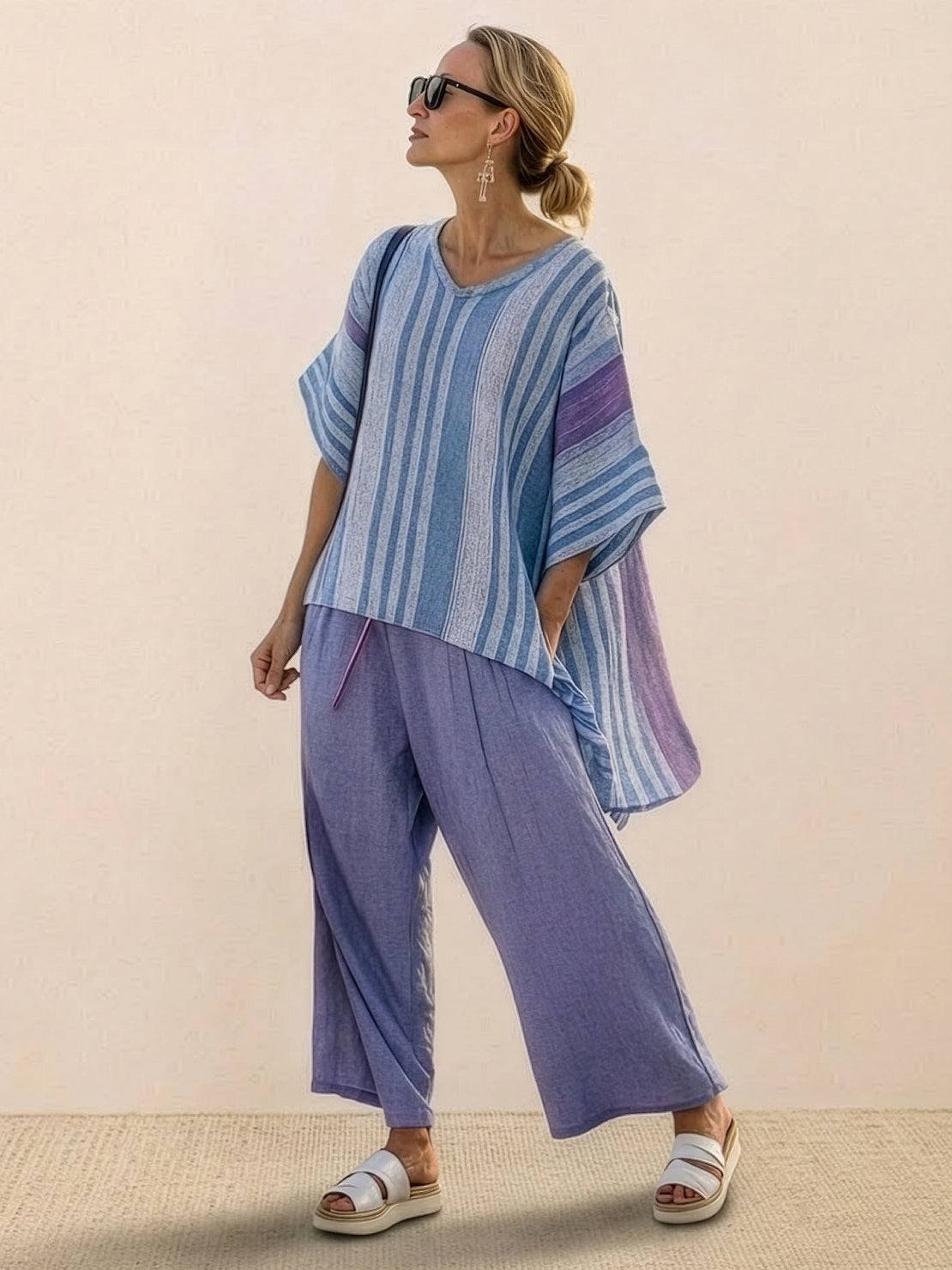Paloma | Women's Casual Striped Wide-Leg Pants and Tee Two-Piece Set