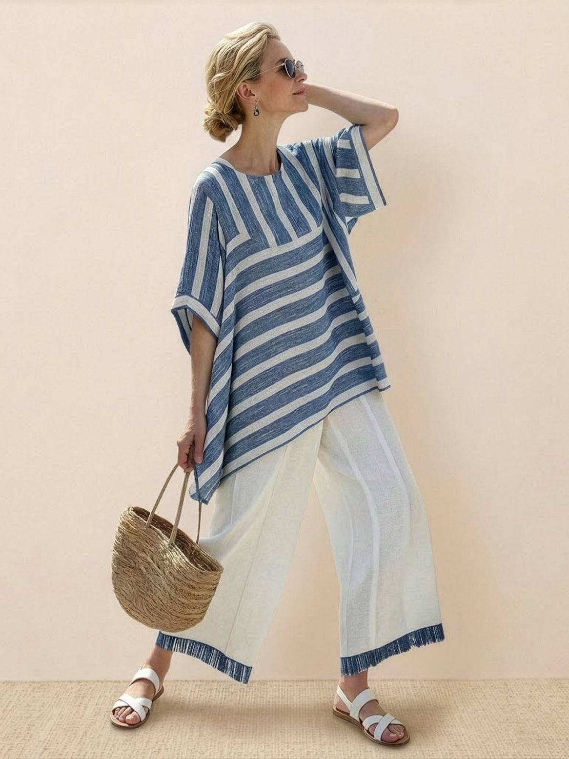 Paloma | Women's Casual Striped Wide-Leg Pants and Tee Two-Piece Set