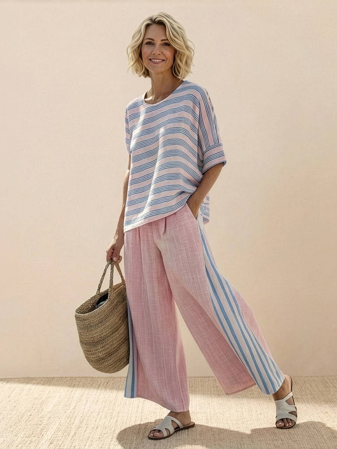 Paloma | Women's Casual Striped Wide-Leg Pants and Tee Two-Piece Set