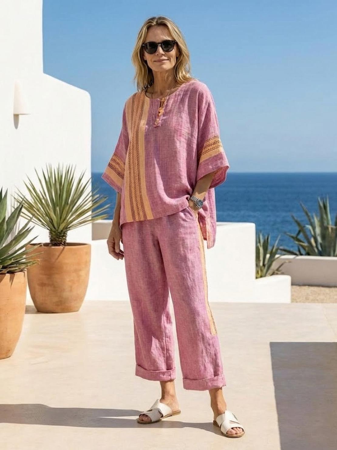 Paloma | Women's Casual Striped Wide-Leg Pants and Tee Two-Piece Set