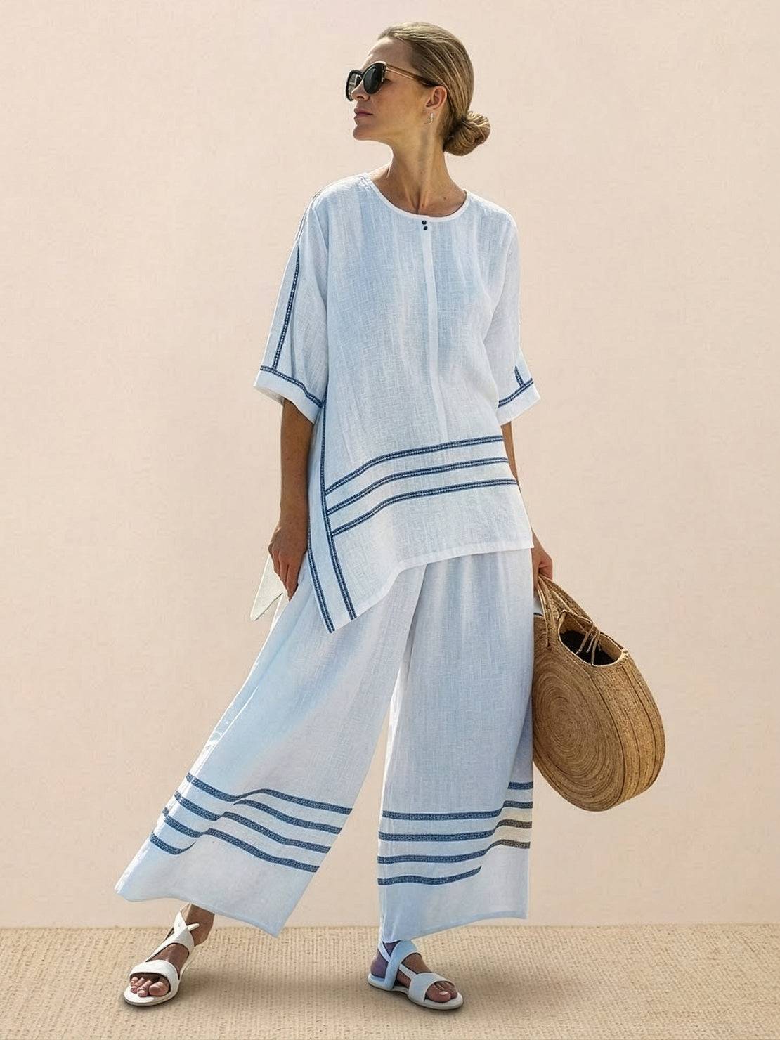 Paloma | Women's Casual Striped Wide-Leg Pants and Tee Two-Piece Set
