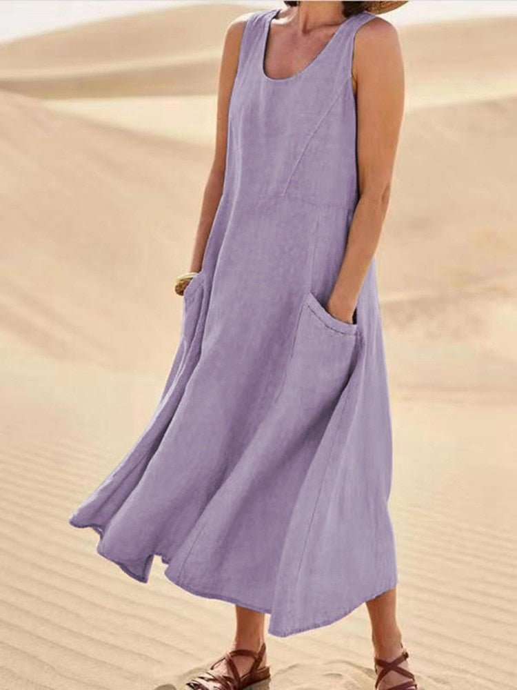 Sage | Women's Casual Sleeveless Maxi Dress Scoop Neck Pockets