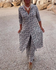 Delphine | Women's Printed V-Neck Tunic Wide Leg Pants Set