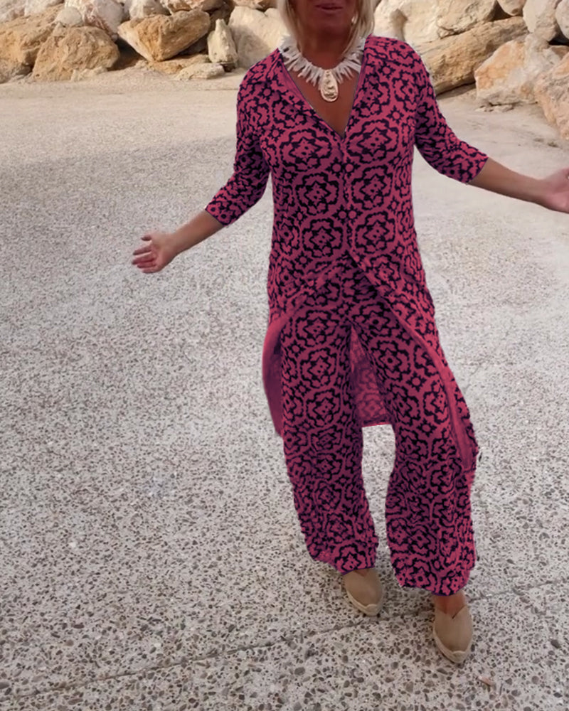 Delphine | Women's Printed V-Neck Tunic Wide Leg Pants Set