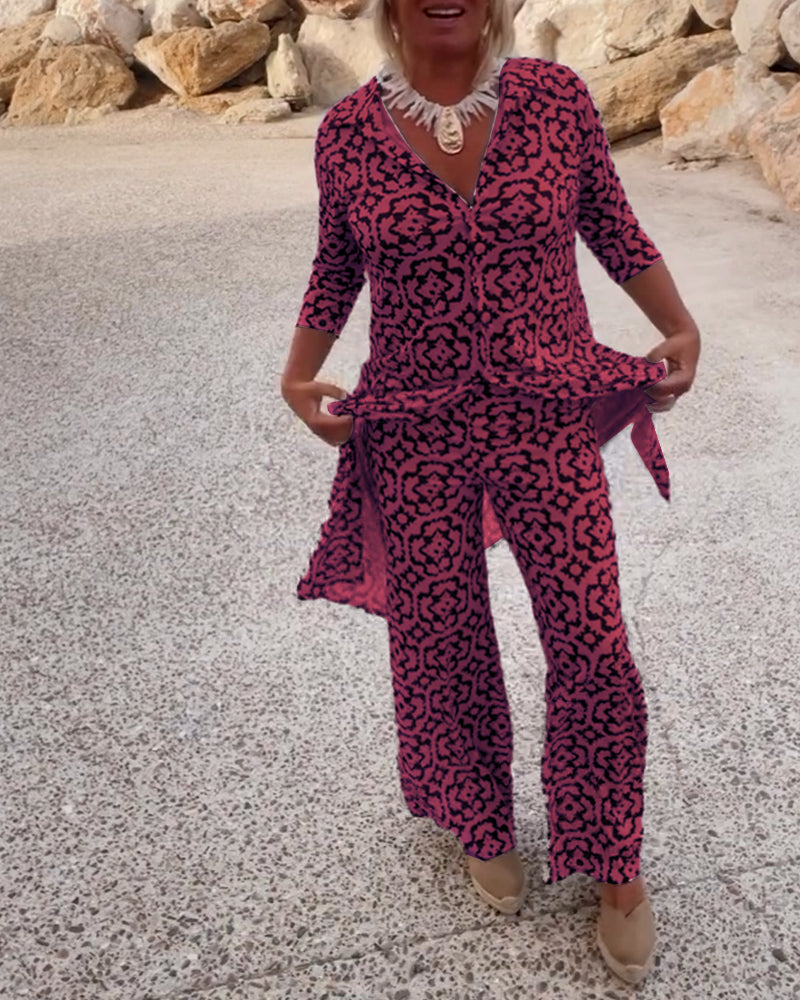 Delphine | Women's Printed V-Neck Tunic Wide Leg Pants Set