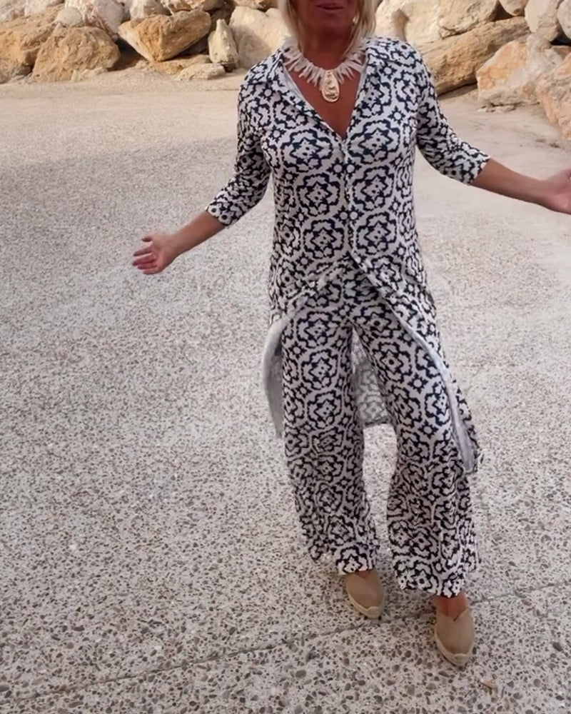 Delphine | Women's Printed V-Neck Tunic Wide Leg Pants Set