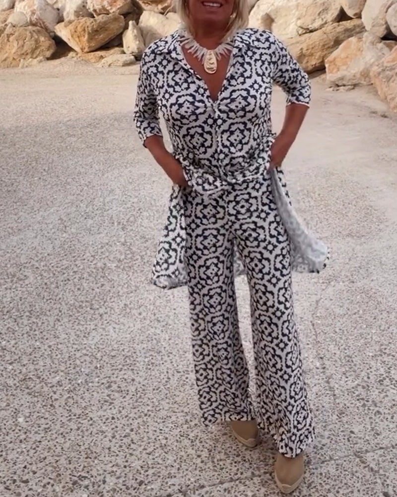 Delphine | Women's Printed V-Neck Tunic Wide Leg Pants Set