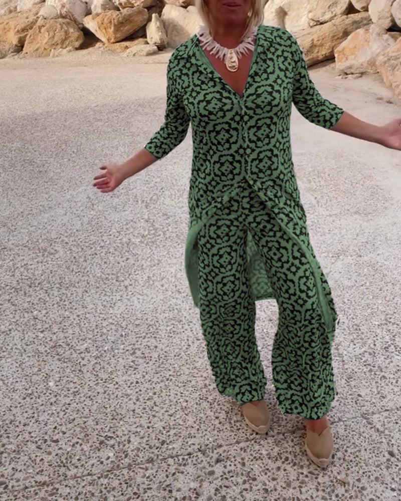 Delphine | Women's Printed V-Neck Tunic Wide Leg Pants Set