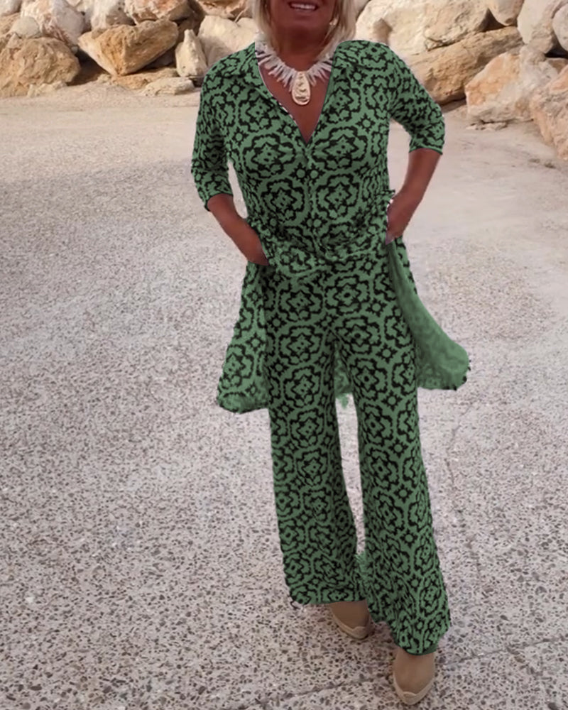 Delphine | Women's Printed V-Neck Tunic Wide Leg Pants Set
