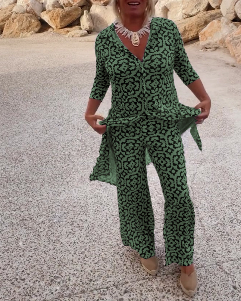 Delphine | Women's Printed V-Neck Tunic Wide Leg Pants Set