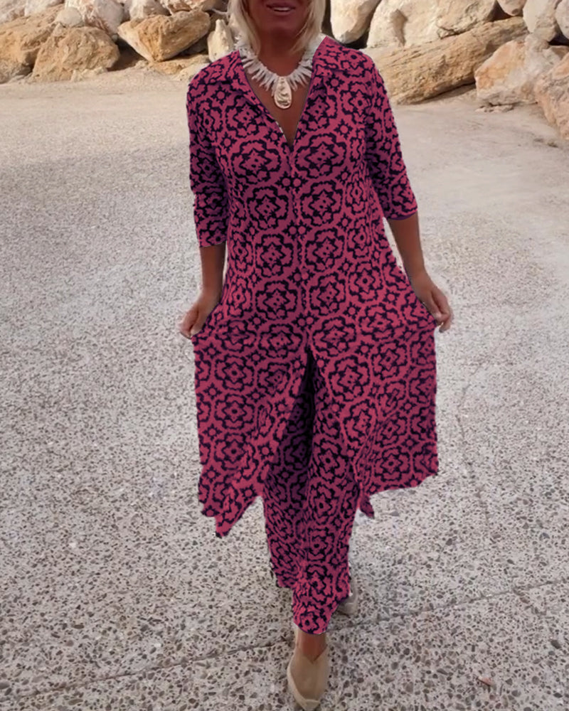 Delphine | Women's Printed V-Neck Tunic Wide Leg Pants Set