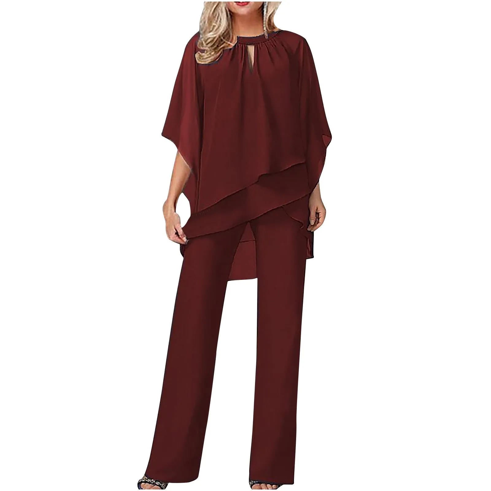 Vivienne | Women's Chiffon Overlay Batwing Sleeve Wide Leg Pantsuit