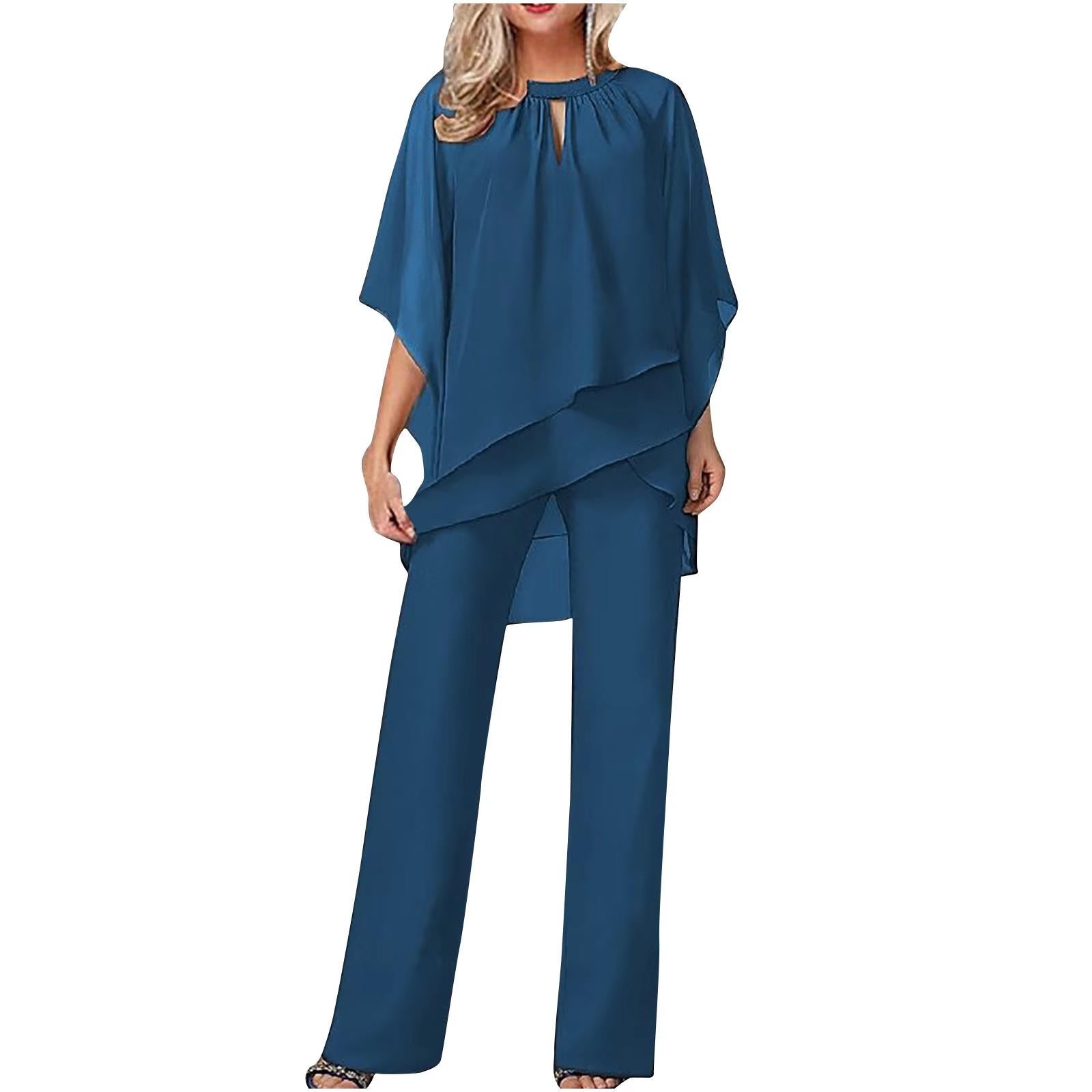 Vivienne | Women's Chiffon Overlay Batwing Sleeve Wide Leg Pantsuit