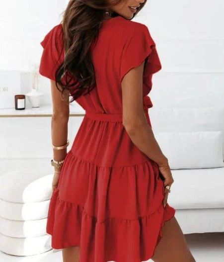 Blossom | Women's Wrap Mini Dress Flutter Sleeve Ruffle Belted