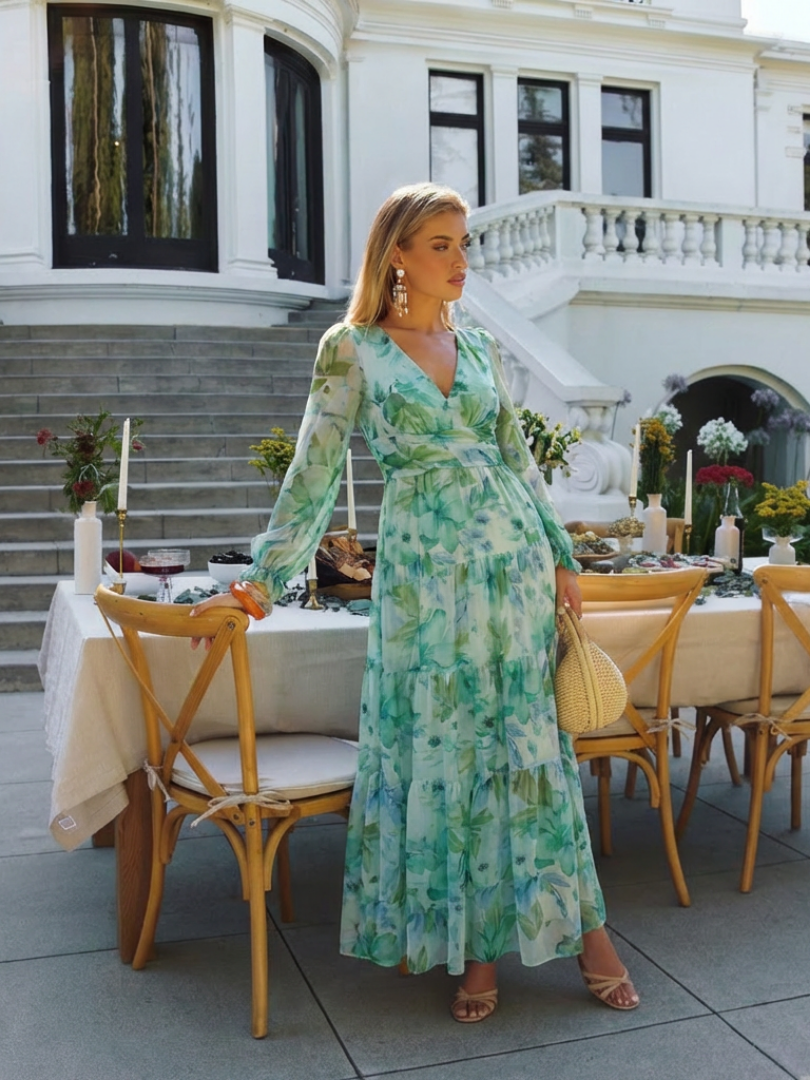 Emilia | Women's V Neck Long Sleeve Floral Maxi Dress