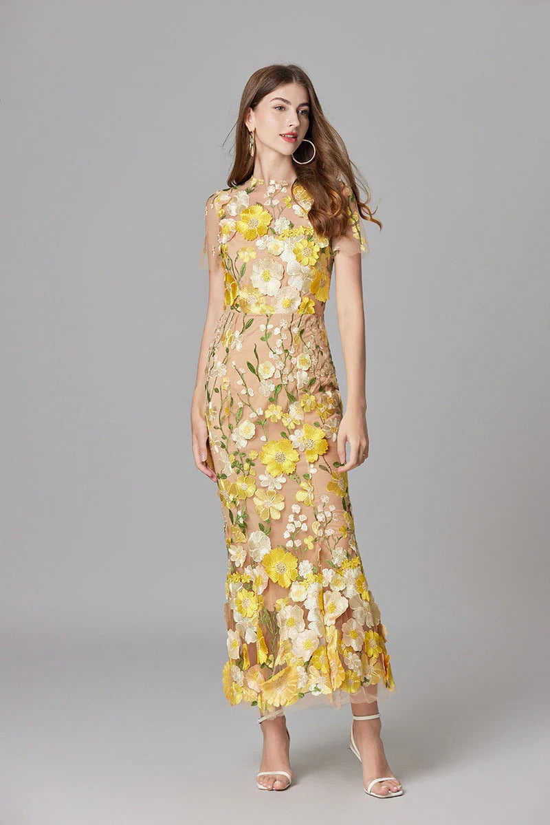 Aurelia | Women's 3D Floral Appliqué Sheer Mesh Sleeveless Maxi Dress