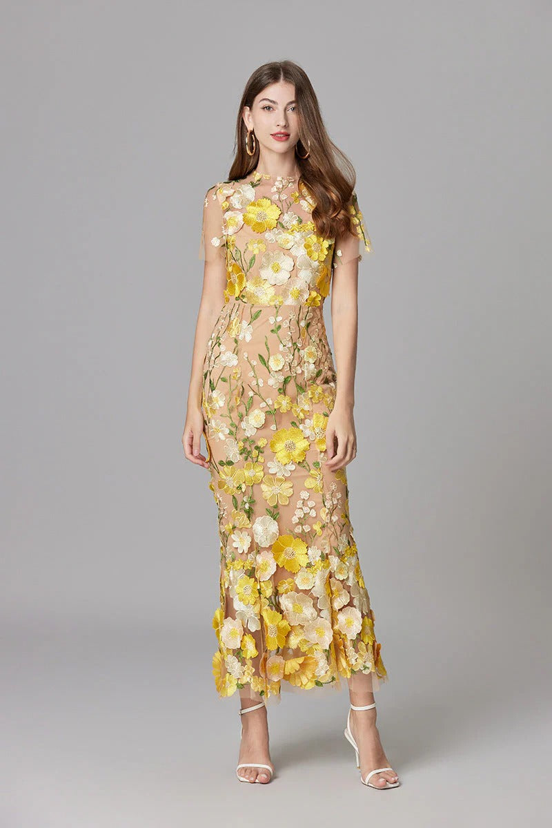 Aurelia | Women's 3D Floral Appliqué Sheer Mesh Sleeveless Maxi Dress