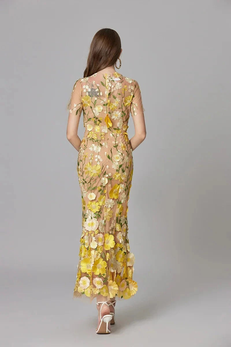 Aurelia | Women's 3D Floral Appliqué Sheer Mesh Sleeveless Maxi Dress
