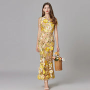 Aurelia | Women's 3D Floral Appliqué Sheer Mesh Sleeveless Maxi Dress