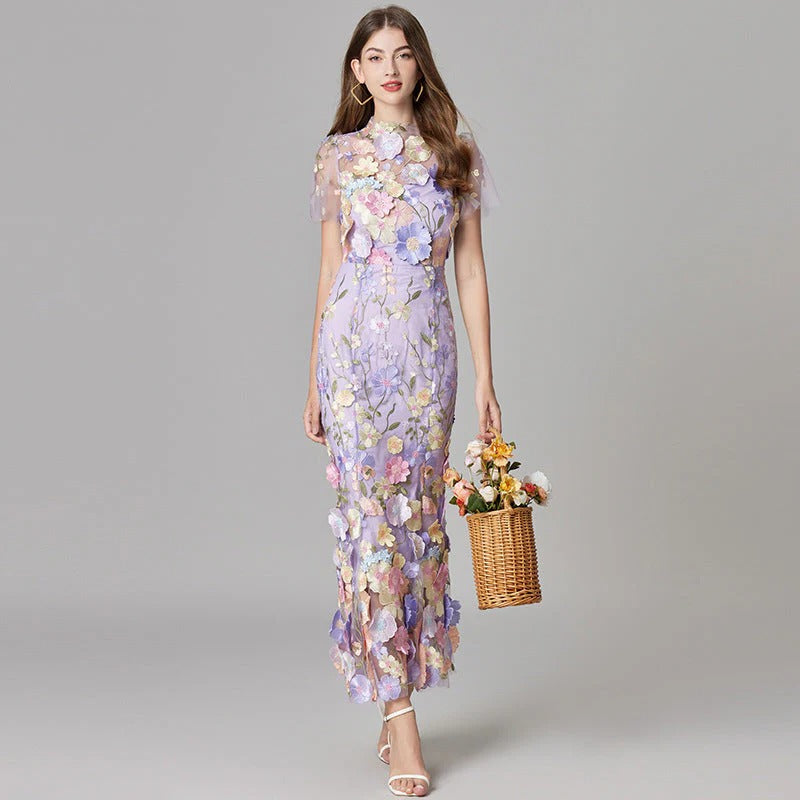 Aurelia | Women's 3D Floral Appliqué Sheer Mesh Sleeveless Maxi Dress