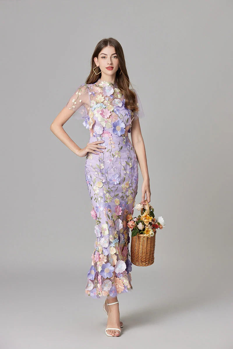 Aurelia | Women's 3D Floral Appliqué Sheer Mesh Sleeveless Maxi Dress