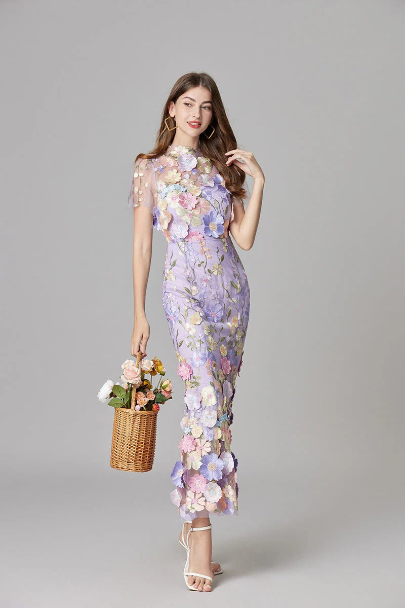 Aurelia | Women's 3D Floral Appliqué Sheer Mesh Sleeveless Maxi Dress