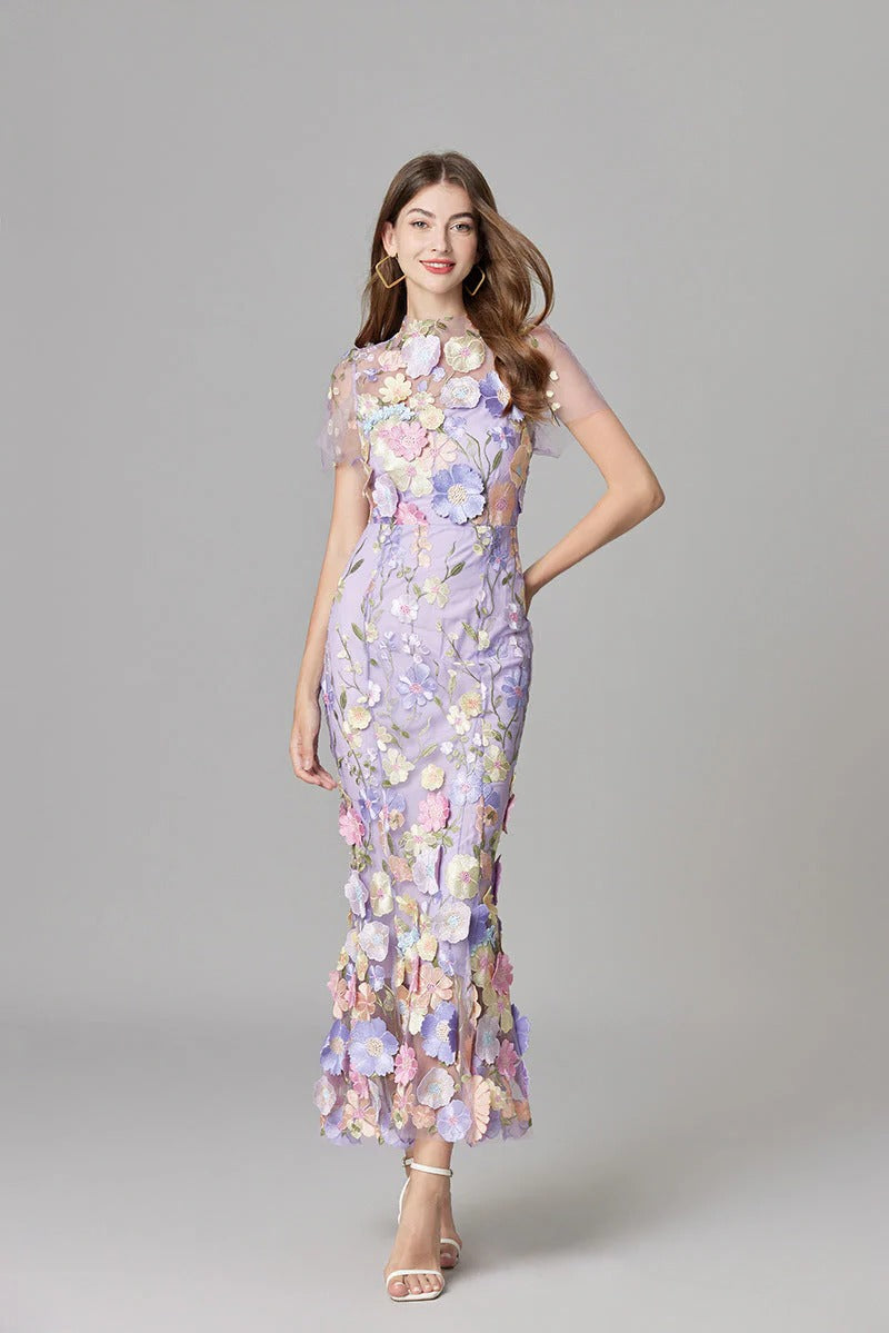 Aurelia | Women's 3D Floral Appliqué Sheer Mesh Sleeveless Maxi Dress
