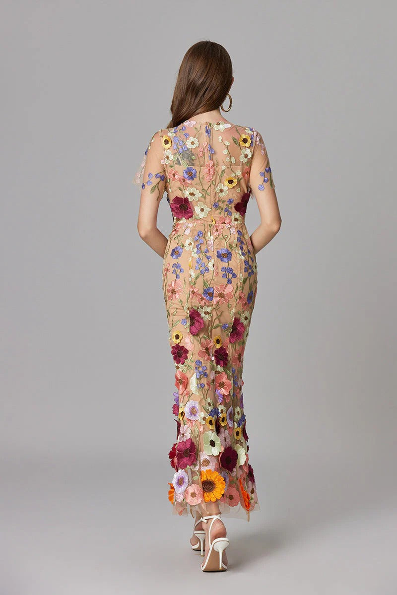 Aurelia | Women's 3D Floral Appliqué Sheer Mesh Sleeveless Maxi Dress