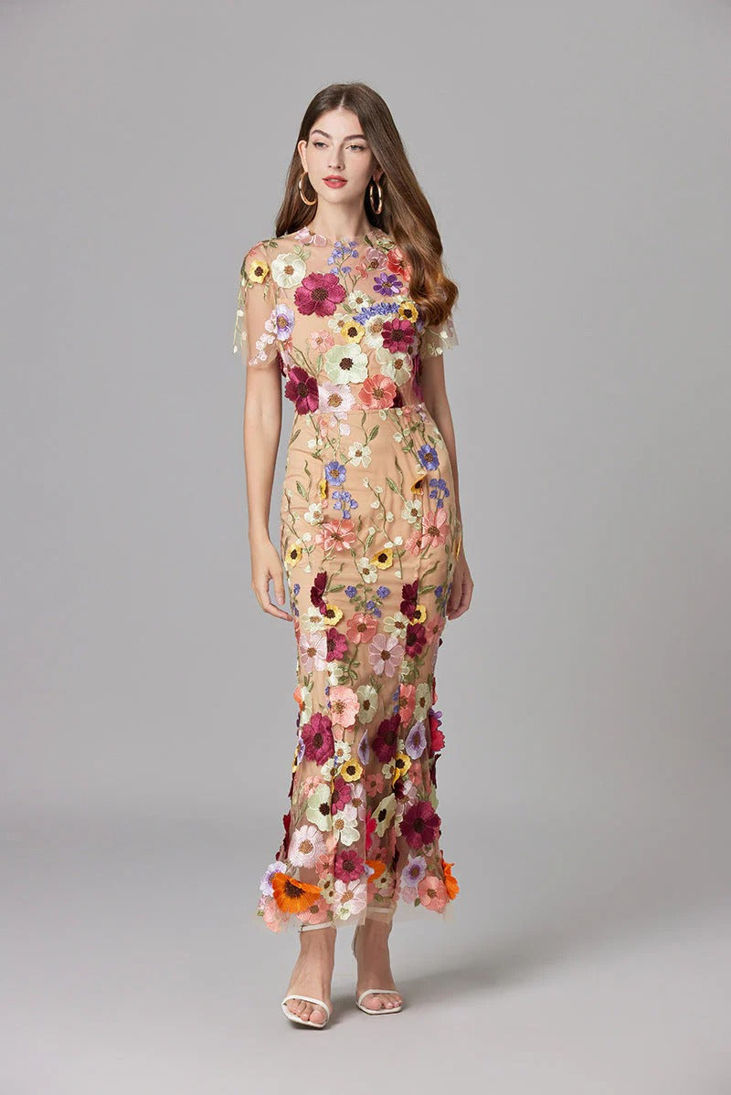 Aurelia | Women's 3D Floral Appliqué Sheer Mesh Sleeveless Maxi Dress
