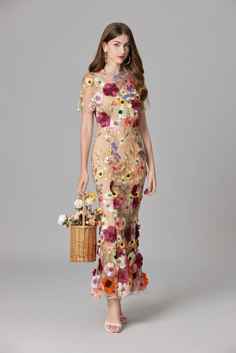 Aurelia | Women's 3D Floral Appliqué Sheer Mesh Sleeveless Maxi Dress