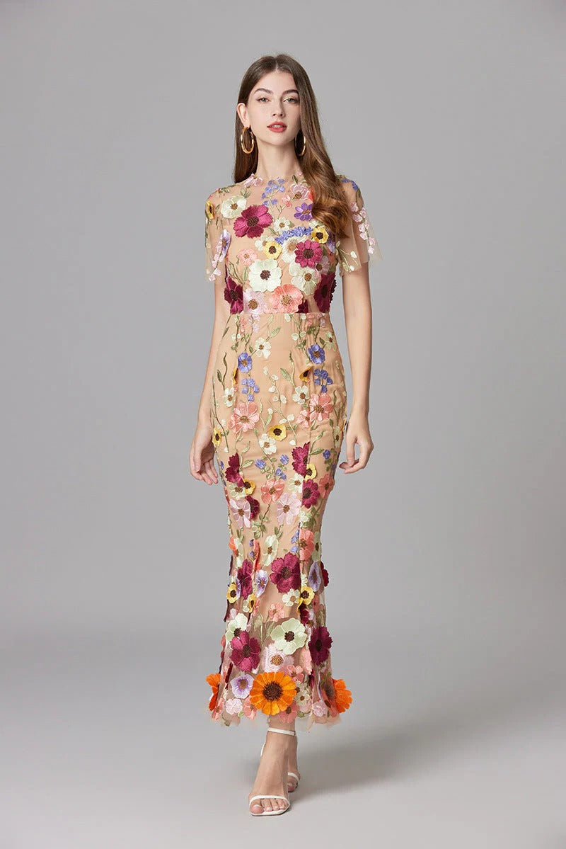 Aurelia | Women's 3D Floral Appliqué Sheer Mesh Sleeveless Maxi Dress