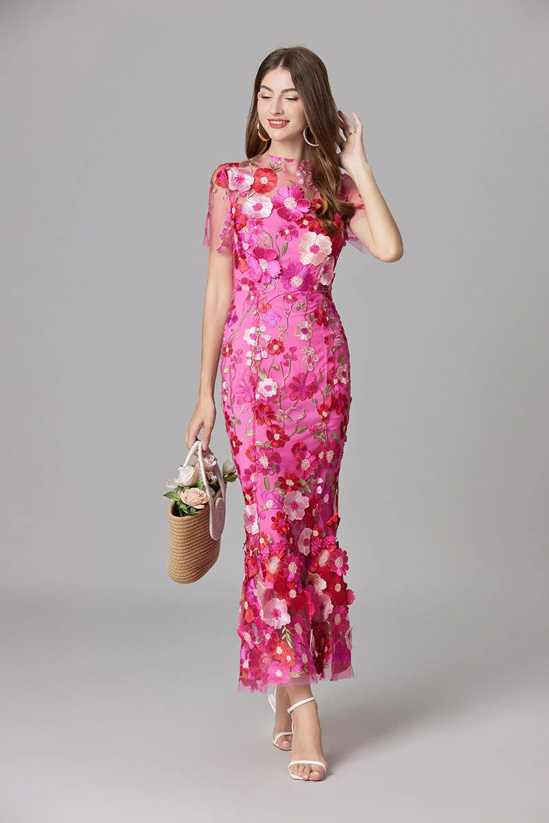Aurelia | Women's 3D Floral Appliqué Sheer Mesh Sleeveless Maxi Dress