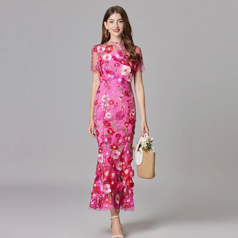 Aurelia | Women's 3D Floral Appliqué Sheer Mesh Sleeveless Maxi Dress