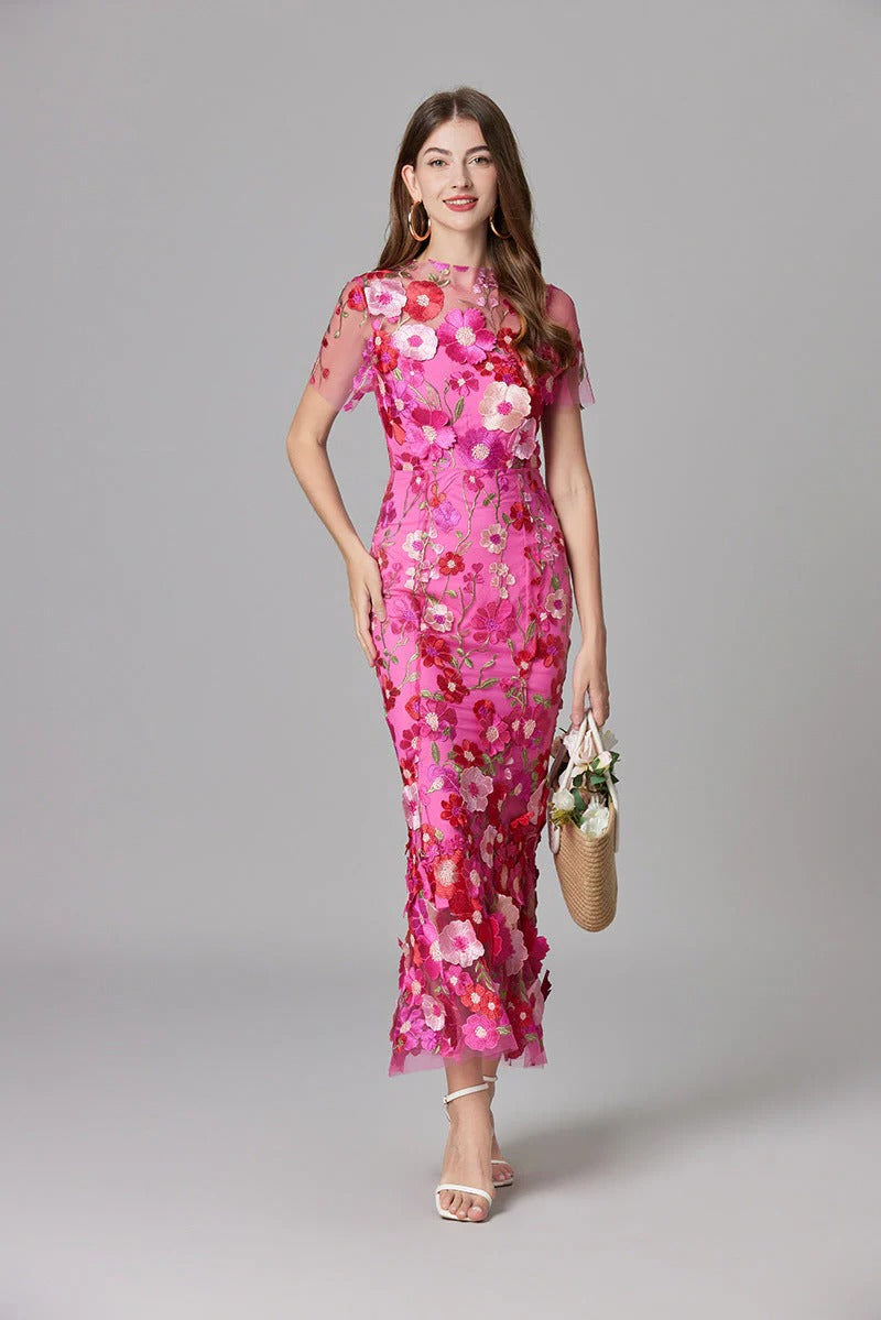 Aurelia | Women's 3D Floral Appliqué Sheer Mesh Sleeveless Maxi Dress