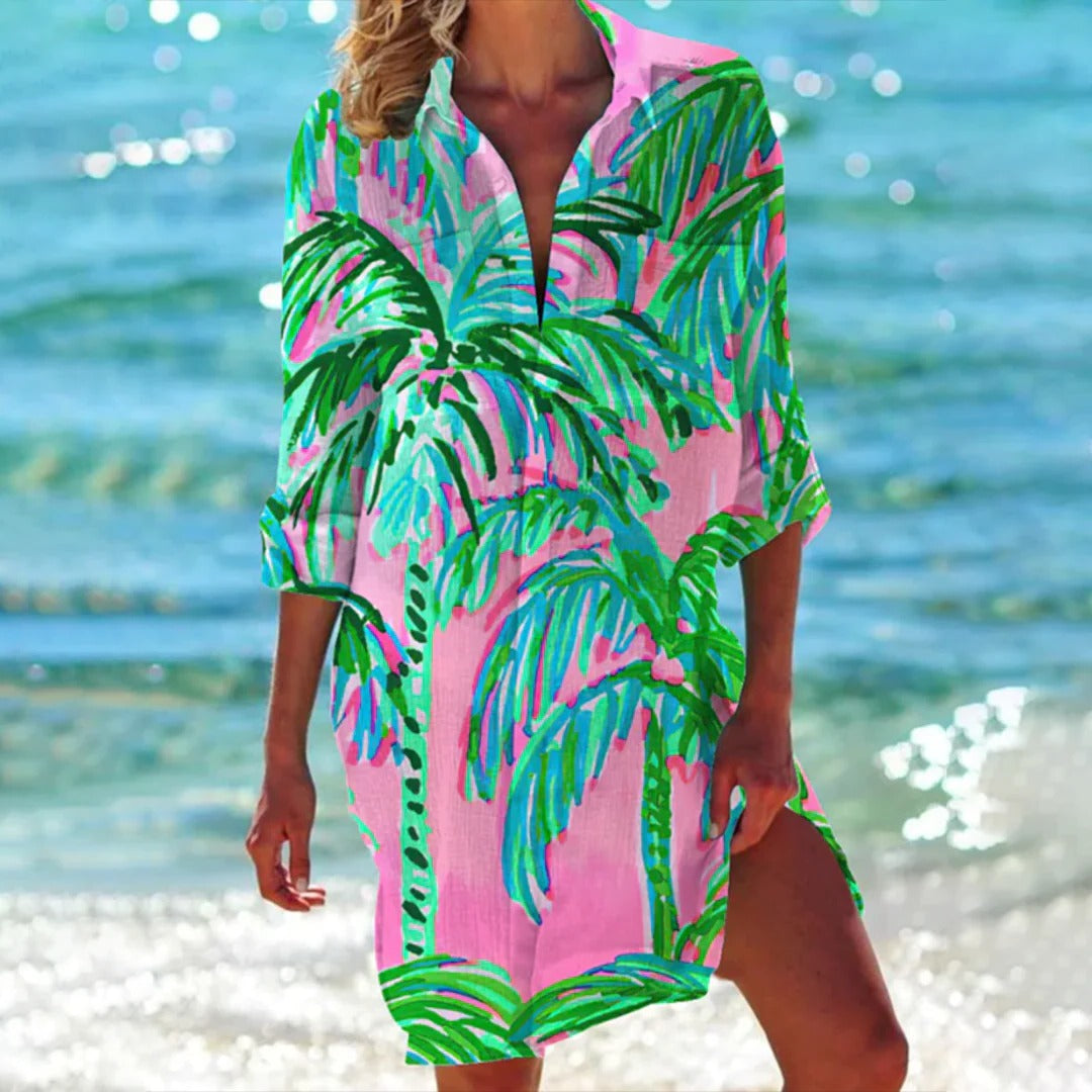 Coralie | Women's Tropical Print Shirt Dress 3/4 Sleeve Beach Cover Up