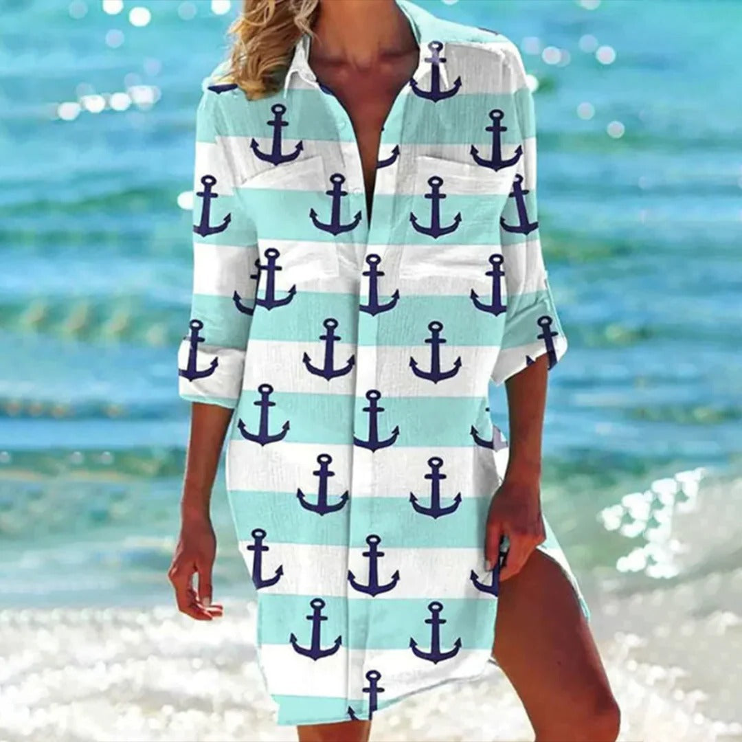 Coralie | Women's Tropical Print Shirt Dress 3/4 Sleeve Beach Cover Up