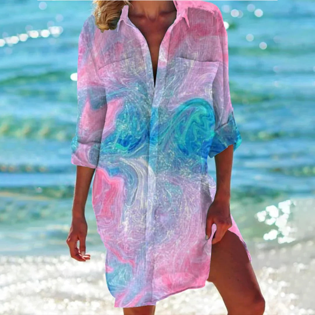 Coralie | Women's Tropical Print Shirt Dress 3/4 Sleeve Beach Cover Up