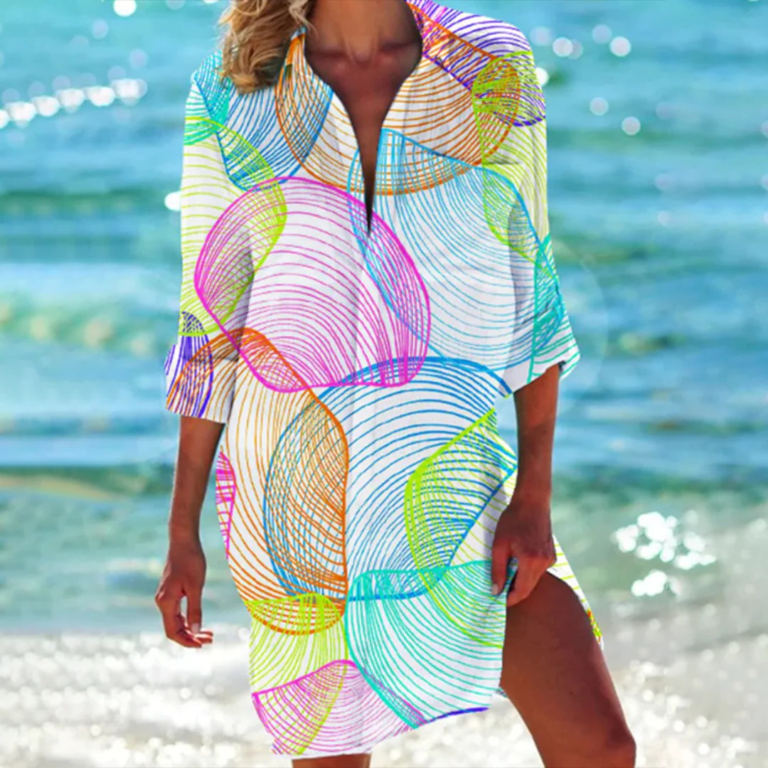 Coralie | Women's Tropical Print Shirt Dress 3/4 Sleeve Beach Cover Up