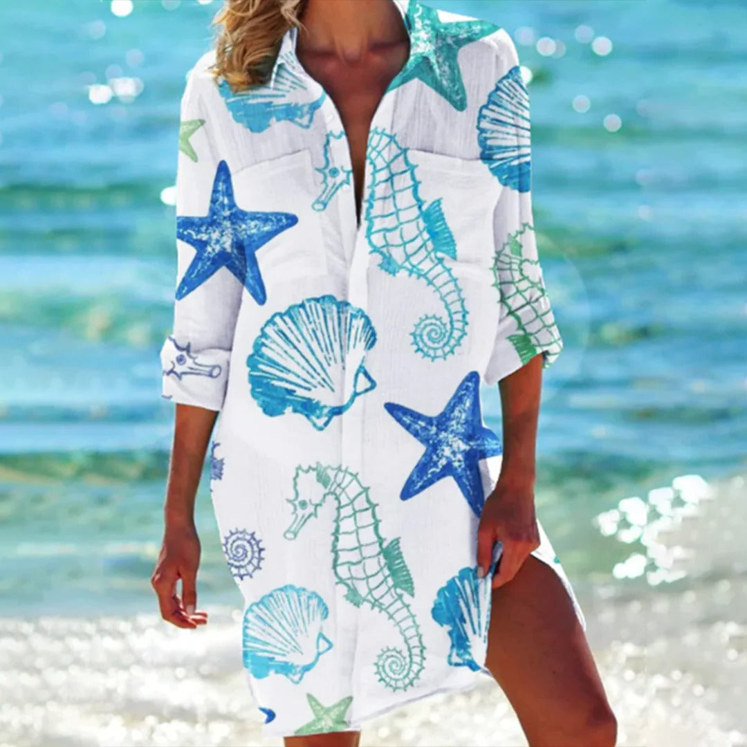 Coralie | Women's Tropical Print Shirt Dress 3/4 Sleeve Beach Cover Up