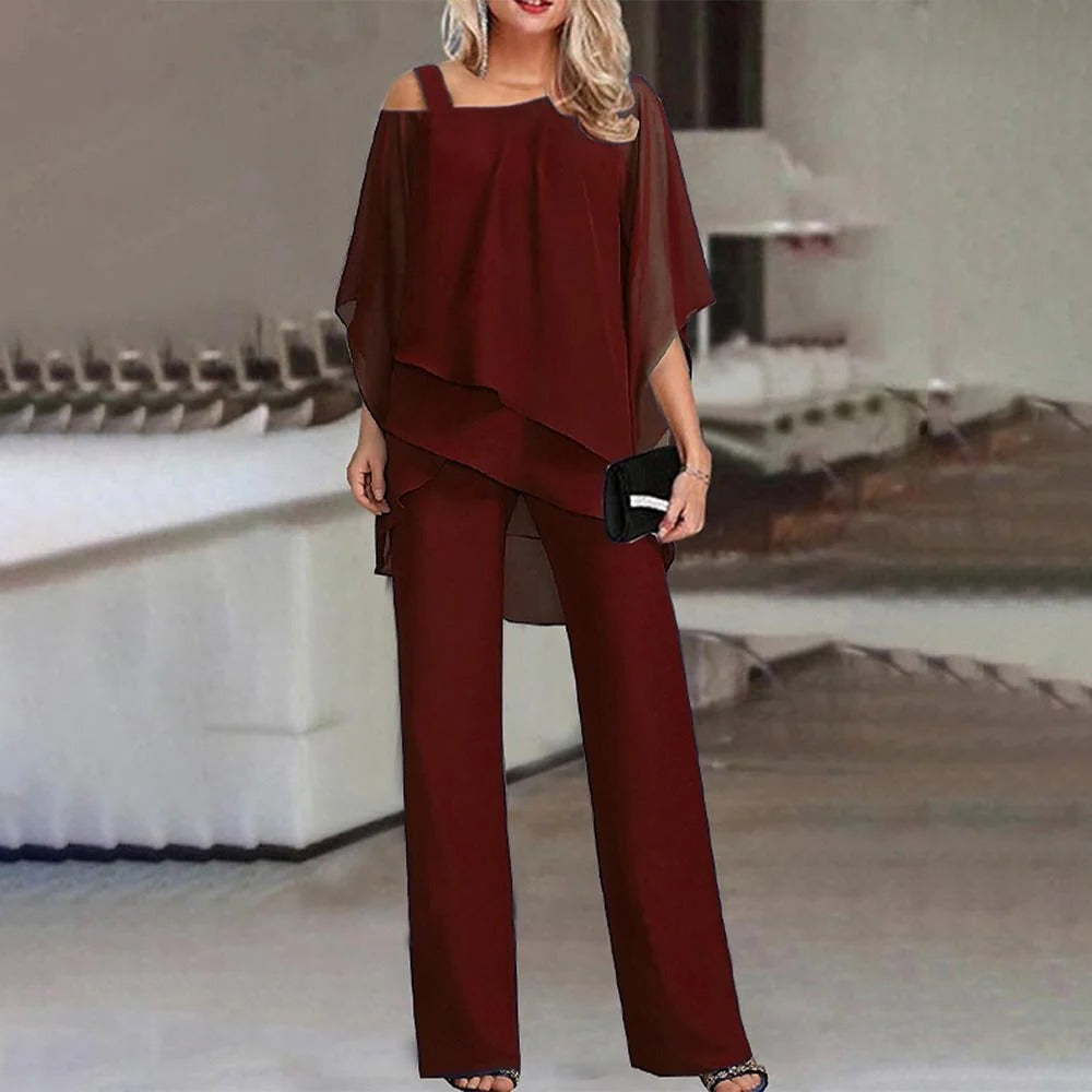 Celeste | Women's Cold Shoulder Chiffon Overlay Wide Leg Jumpsuit
